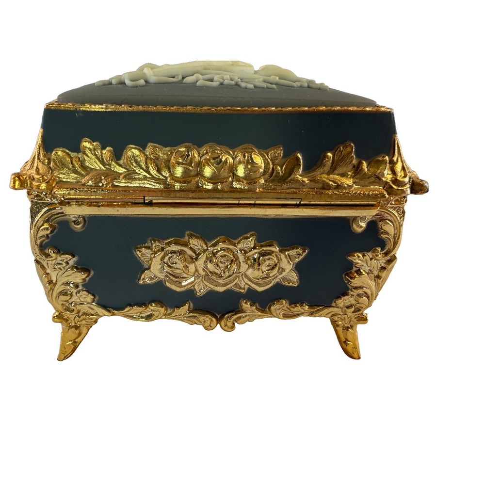 Vintage Mele Footed Musical Jewelry Box Gray Gold Cameo Musical Instruments